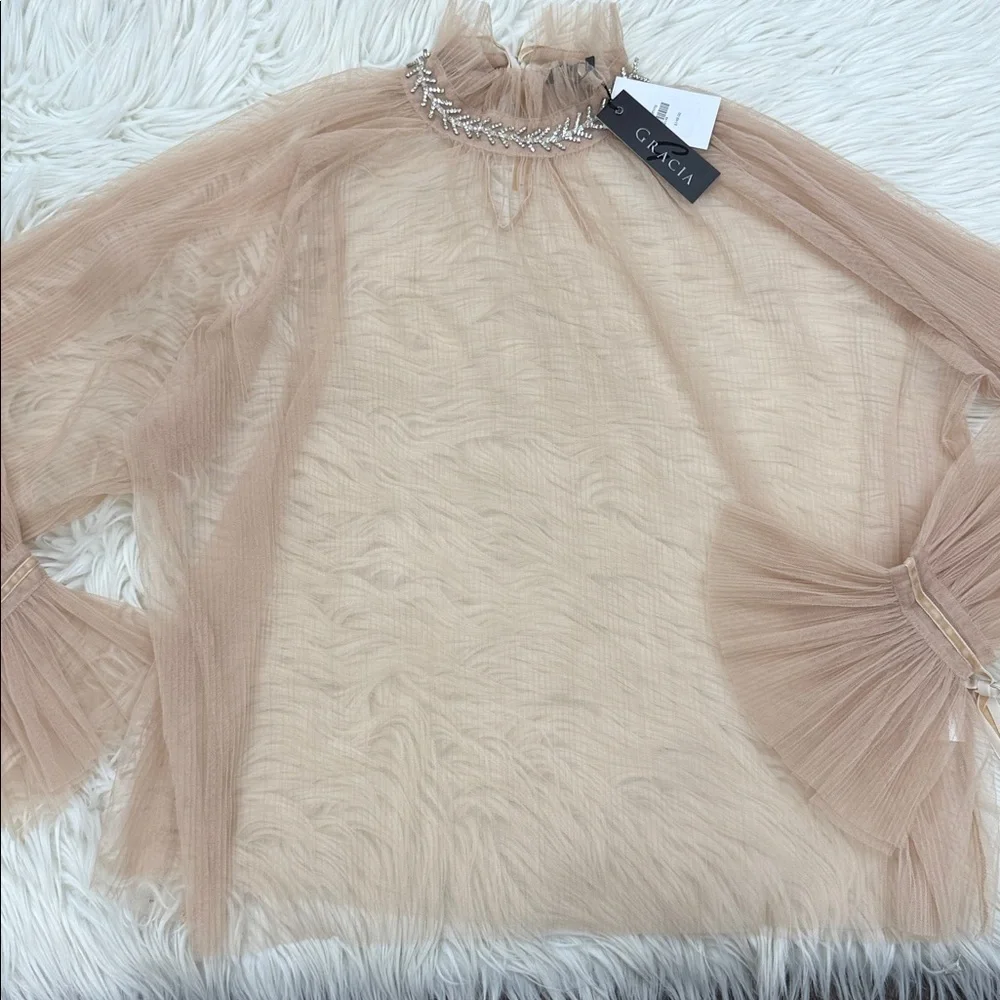 Gracia Beige Sheer Long Sleeve Top - Picture 5 of 6